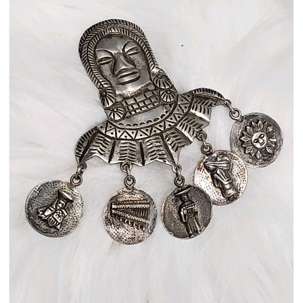BIG Vintage 1940s 50s Handmade 900 Silver Ecuador Folk Art BROOCH PIN DIETY